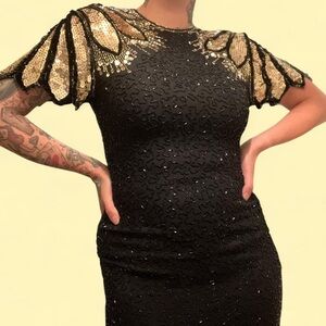 Glamorous Vintage 80s Black and Gold Beaded Sequin Black Tie Silk Dress
